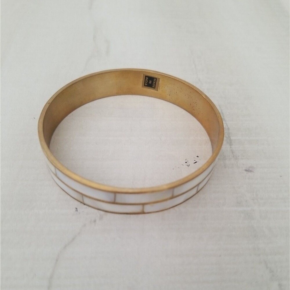 Vintage Mother Of Pearl? Inlay Bangle Bracelet White Shell made in India
